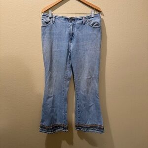 Women’s Vintage Be Bop Light Blue Wash Flared Multicolor Embroidered Trim Jeans